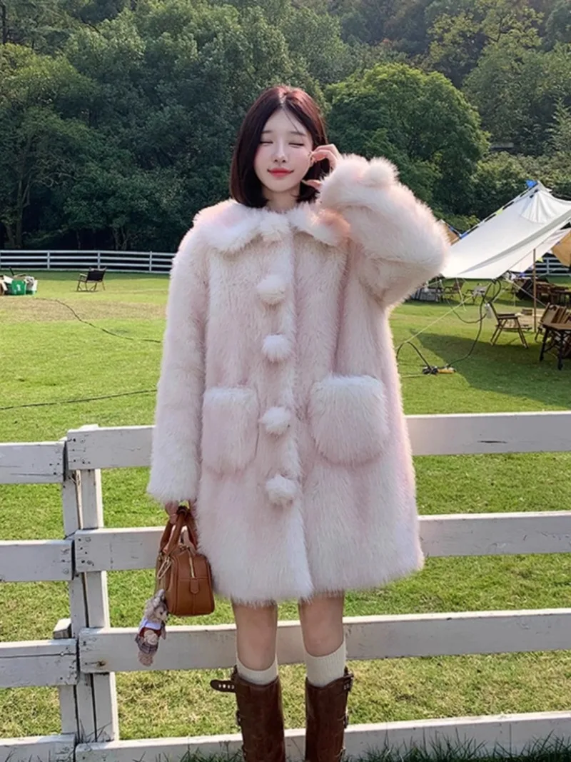 MiiiiX Pink Imitation Fox Fur Coat for Women 2024 Winter Plush Loose Thicken Mid-length Jacket Casual Outerwear Female Clothes