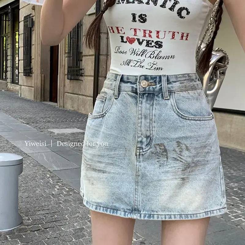 2024 new summer hot girl retro paint old painted denim skirt for women with lining