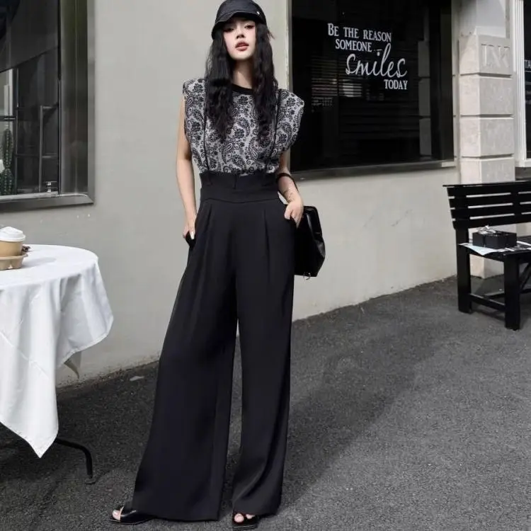

Advanced Style Overalls Fashion Set For Women 2026 Summer Print T-Shirt Paired With Overalls Wide Leg Pants Casual Two-Piece Set