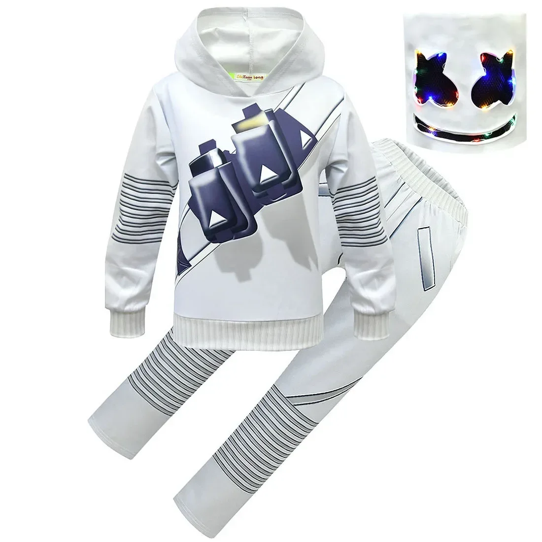 Dziecięcy elektroniczny dźwięk piosenkarka DJ Marshmello Fortnites kostium dziewczyny chłopcy Halloween boże narodzenie na imprezę Cosplay kostium zestaw bluz z kapturem
