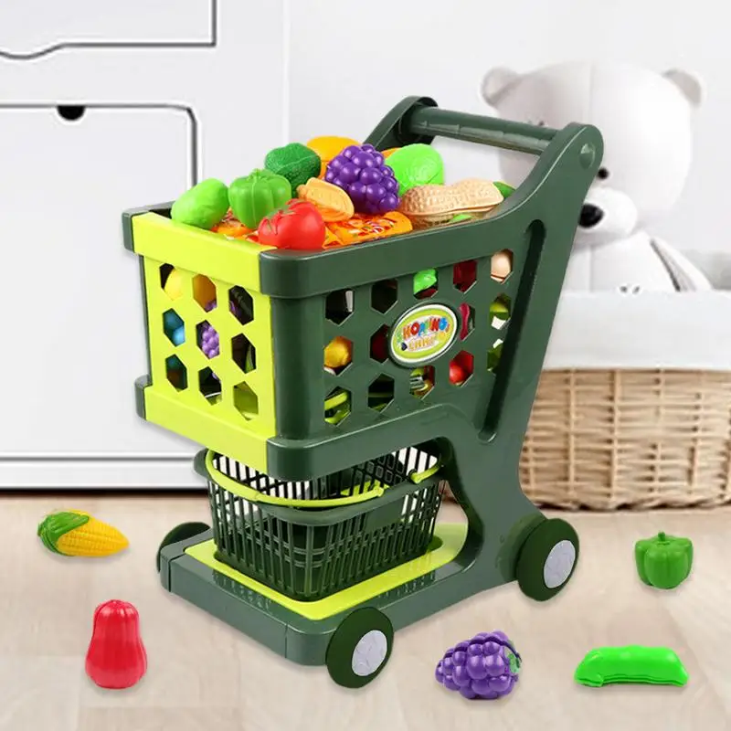 Shopping Cart Toy For Child Grocery Toy Round Wheel Design Kids Shopping Cart Trolley Supermarket Simulation Fruit Food Trolley