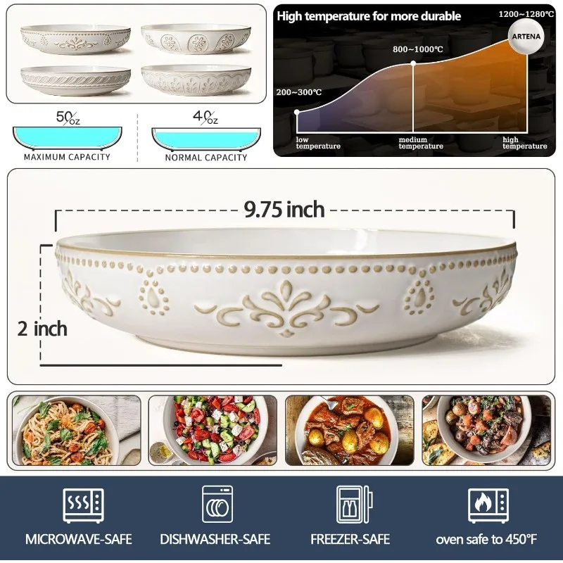 

Pasta Bowls, 50oz Large Salad Serving Bowls, 9.75'' Plates Bowls Set of 4, Big White Ceramic Soup Bowls for Kitchen