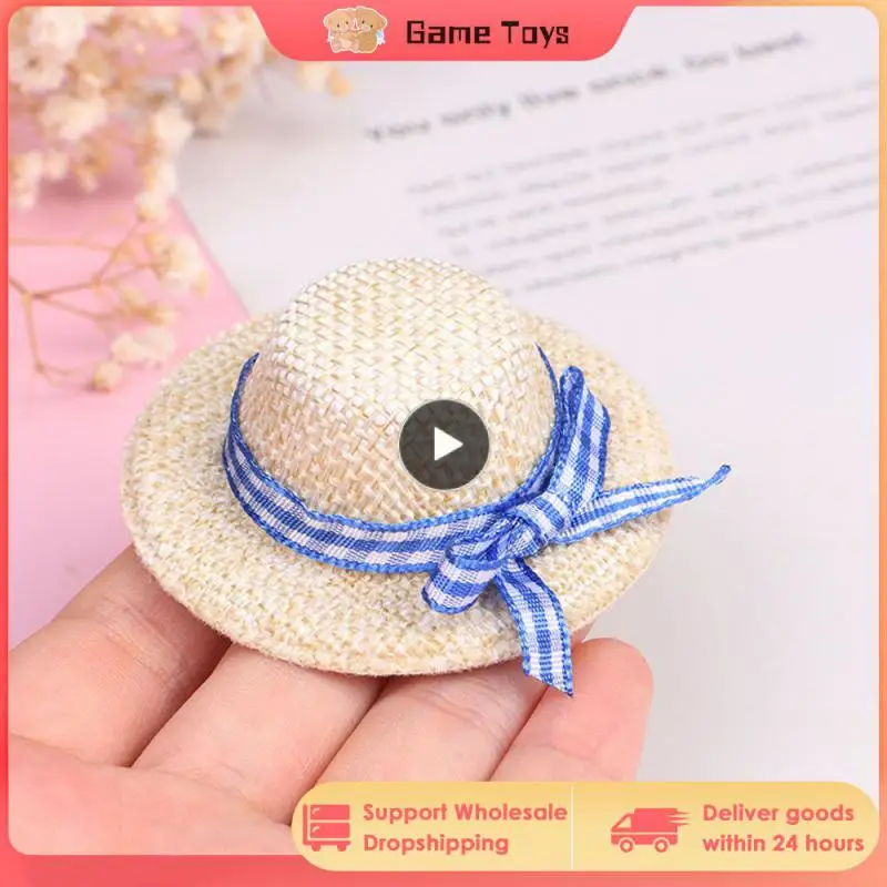 Miniature Straw Hat Mini Doll Flocking Bow Hat Doll House Ornament Hand Weaved Dollhouse Accessories ID 3CM OD 6CM