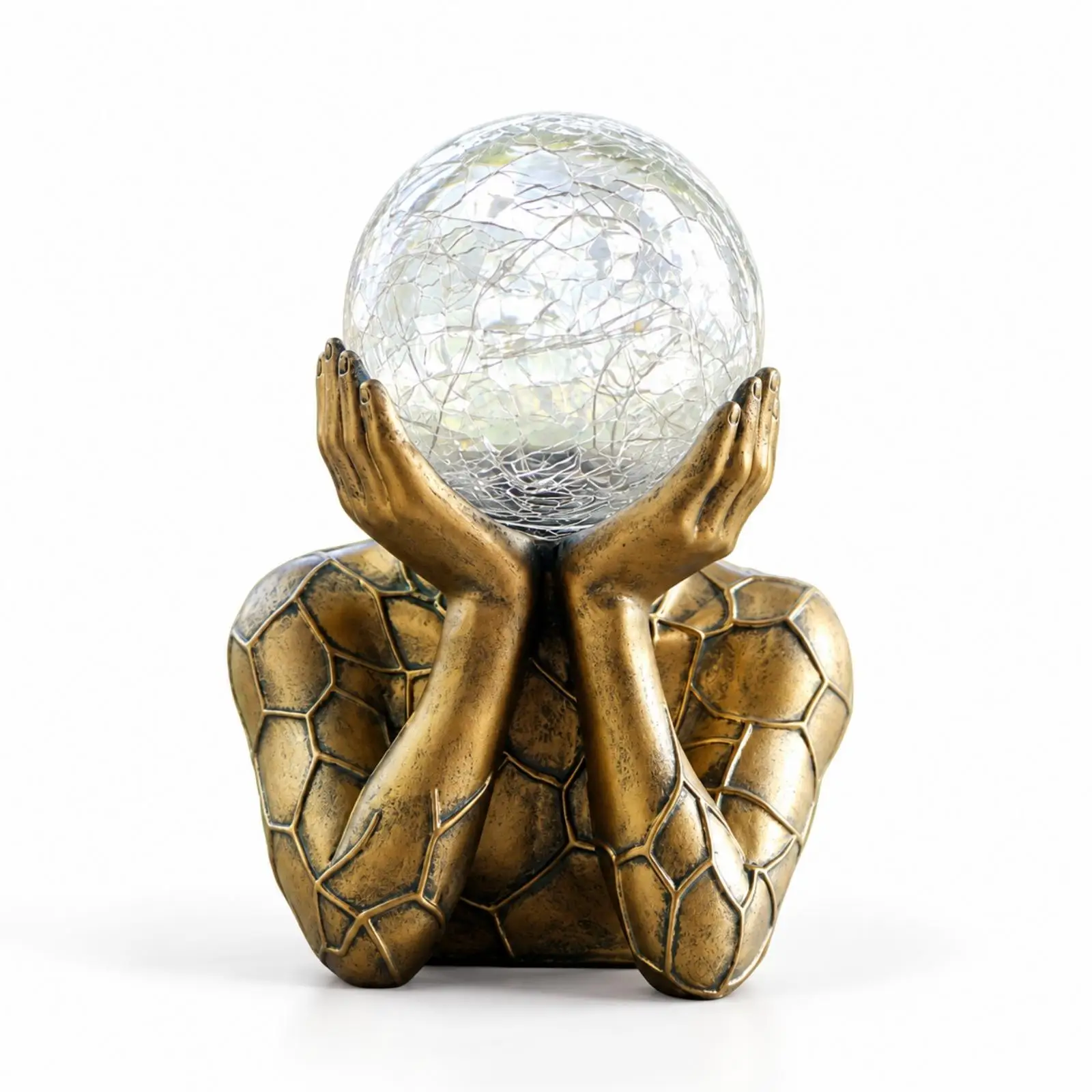 Solar Powered Resin Statue Seated Figure Gilded Finish Spherical Light Sculpture for Garden Patio Balcony Decorative Art Piece