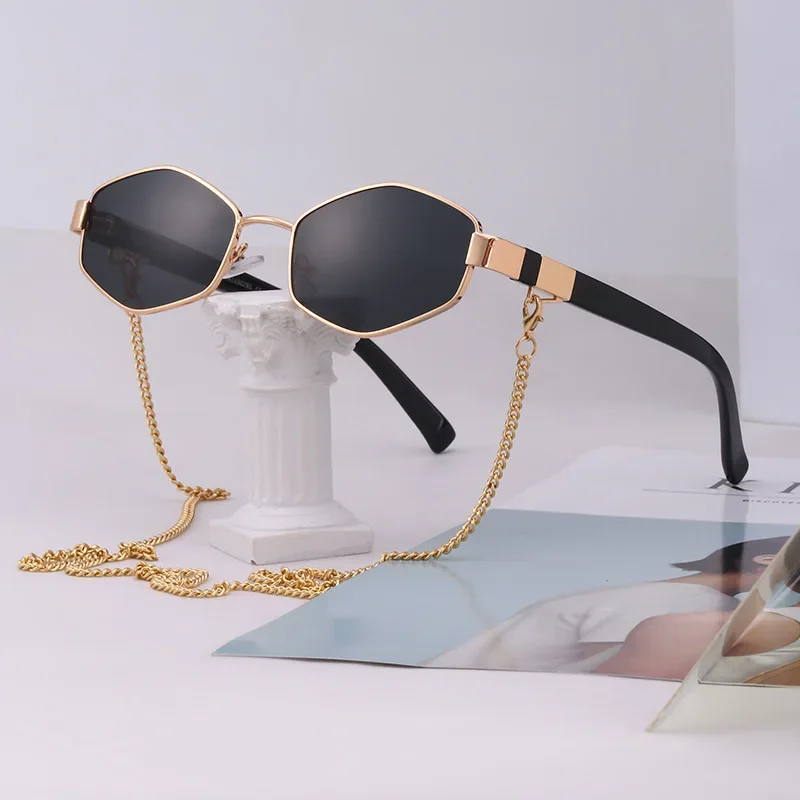 Vintage Sunglasses Women with Chain Small Frame Sun Glasses for Ladies 2022 Trendy Luxury Brand Designer Eyewear UV400