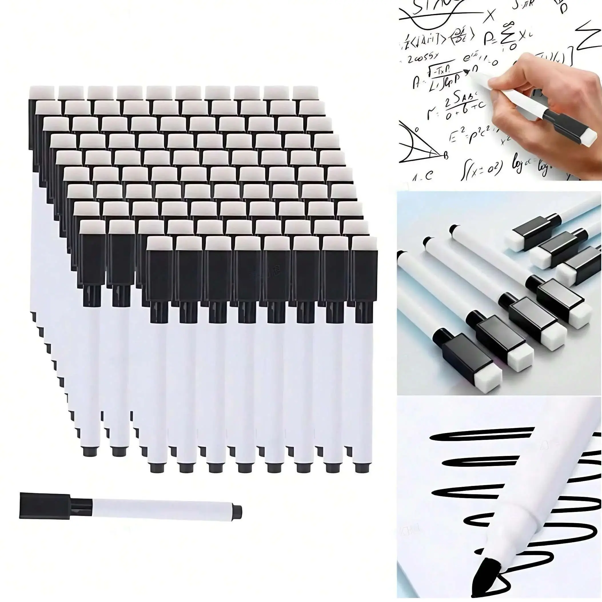 

50pcs Black Dry Erase pen with Eraser Smooth Writing, Office School Supply Whiteboard Marker for Home Work, Business Meetings