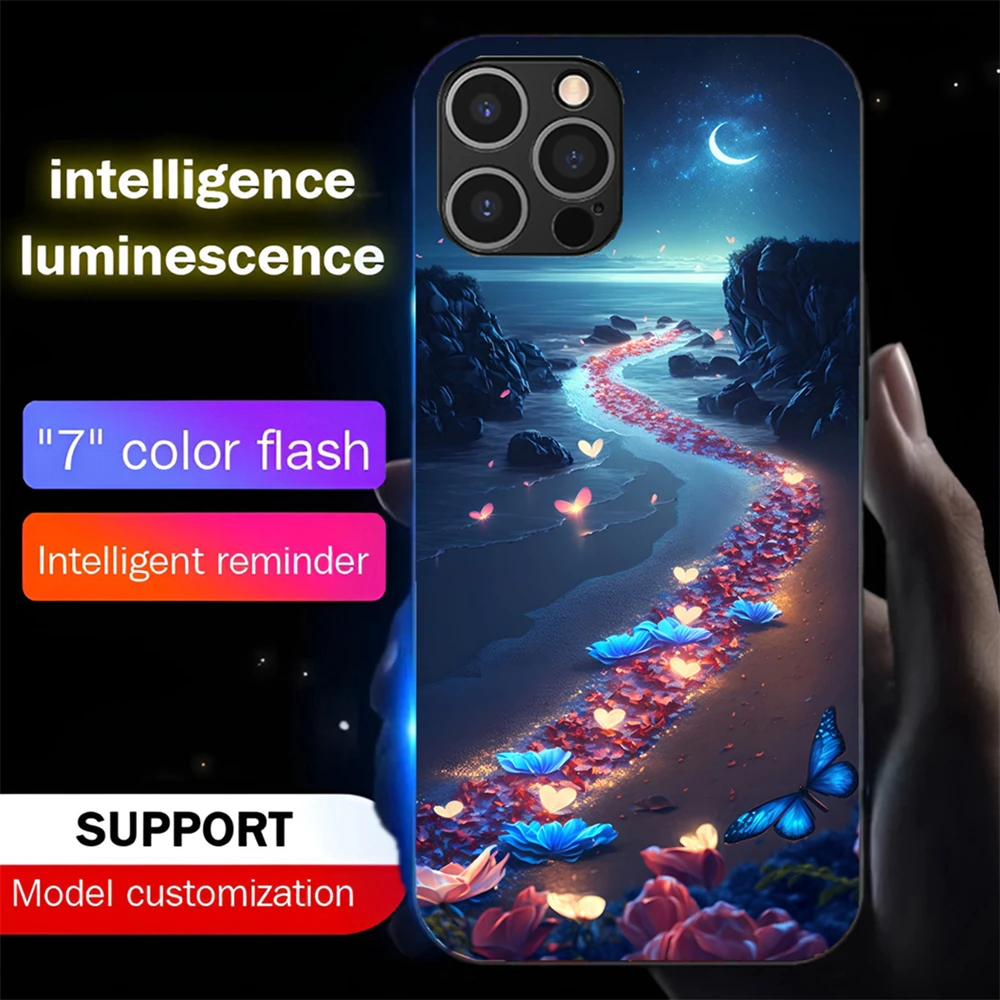 

Butterfly Beach Led Light Phone Case Call Flash Glitter Cover For iPhone 16 15 14 13 12 11 Pro Max X XS XR 7 8 SE2020