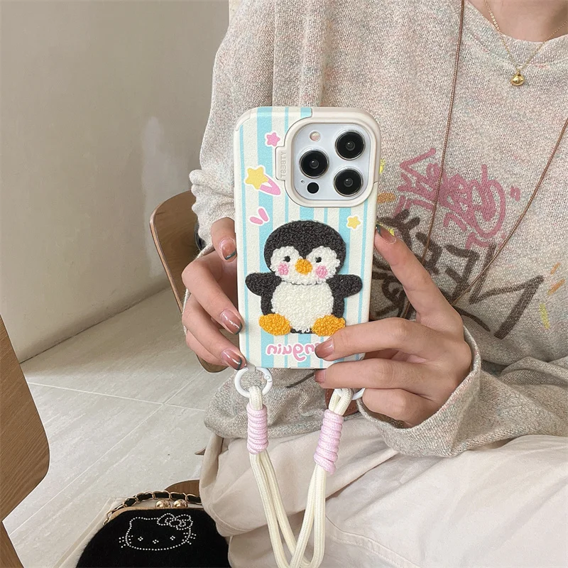 Cute embroidered little penguin phone case with wrist strap for iPhone 13, 14, 15 ,16 Pro Max