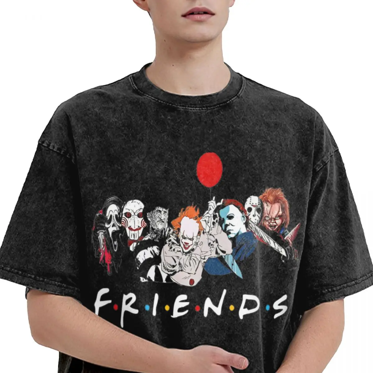 Washed T Shirt Friends Horror Halloween T-Shirts Oversize Stephen King Characters 100% Cotton Tops Tee Shirt for Men Women