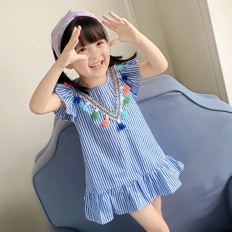 Summer Blue Tassel Flying Sleeve Kids Dresses for Girls Stripe Cute Party Princess Dress Pink Tops Clothes Baby Girl Clothing