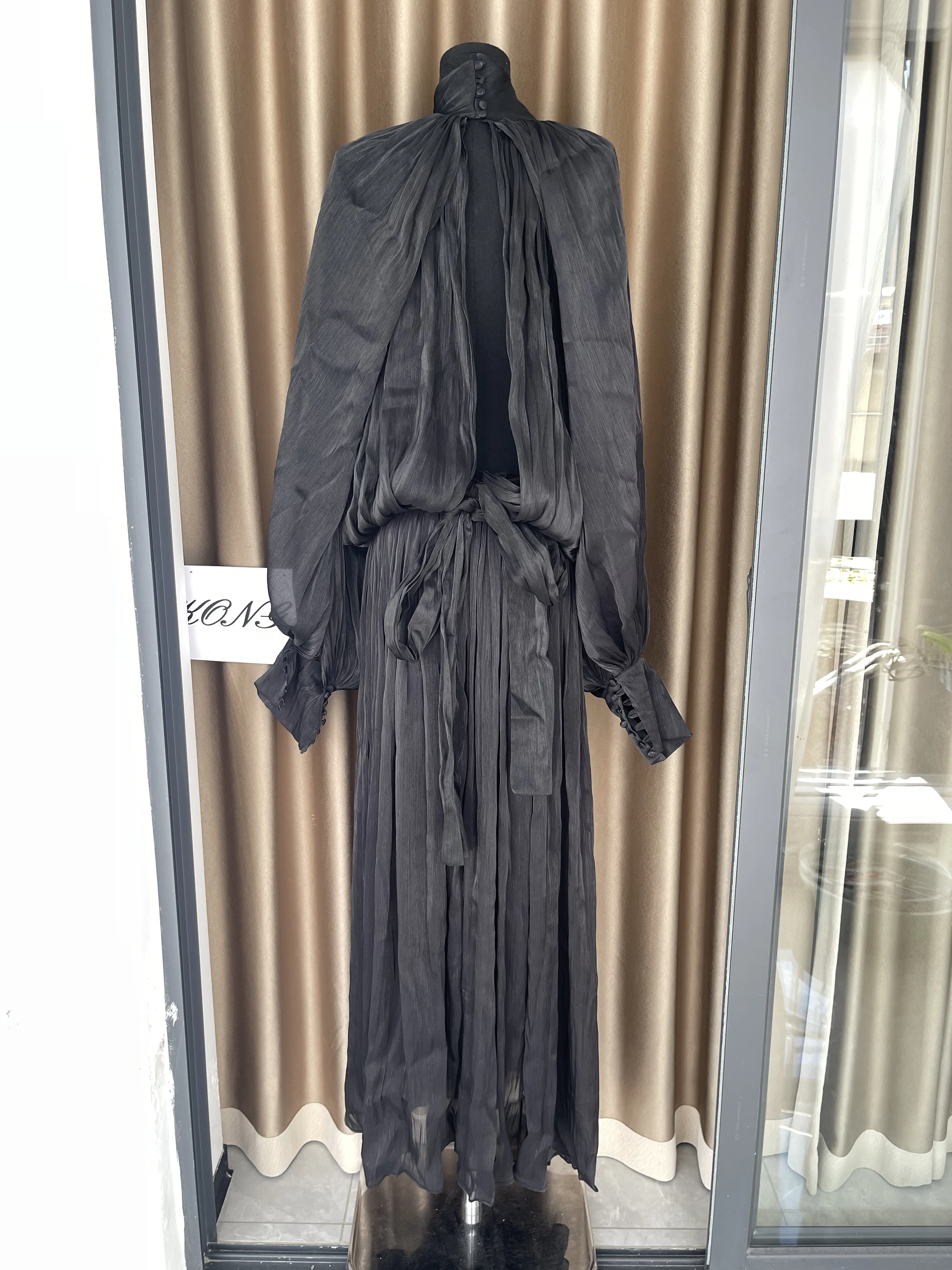 Vestido de Gala elegante para fiesta de noche, Sexy, liso, elegante, con cuello levantado, manga larga, cintura alta, con cordones, para discoteca, ropa para espectáculo nocturno