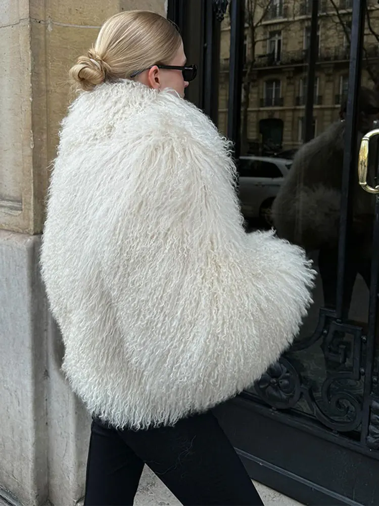 Abrigo de piel sintética esponjosa para mujer, abrigo cálido de manga larga con cuello vuelto, chaqueta de lujo a la moda para invierno, novedad de