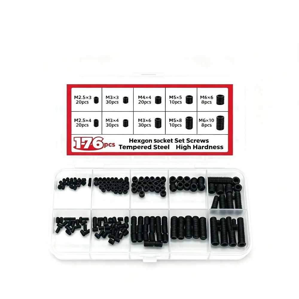 Hex Socket Flat End Set Screws DIN913 176Pcs Boxed Black Zinc Plated Grub Screws Assorted Kit M2.5 M3 M4 M5 M6 Metric Fasteners