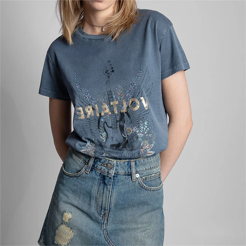 Zadig Summer T-Shirt Women Chic O-Neck Short Sleeve Casual Tee Female Fashion Guitar Letters Cotton Loosen Blue T-Shirts Tops