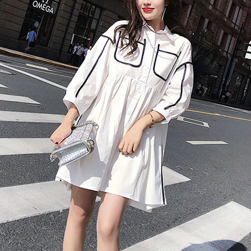 여성용 A라인 폴로 넥 대비 색상 스플라이싱 플리츠 단추, 스위트 루즈 긴팔 셔츠 드레스, 2024 가을 신상 패션