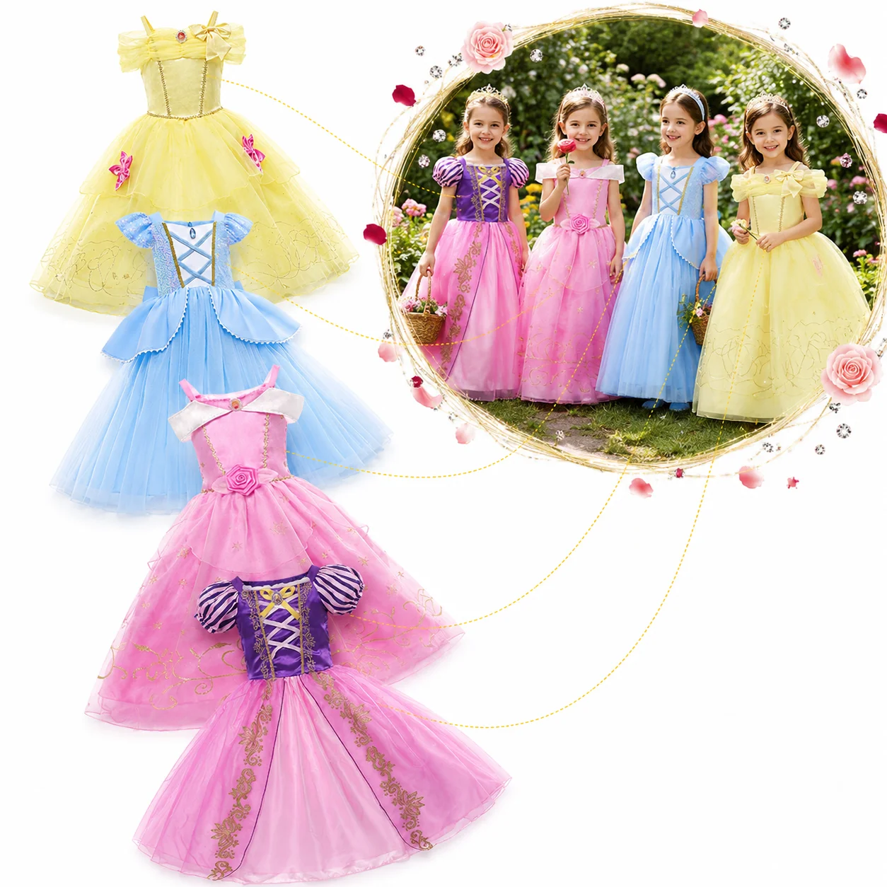 Muababy Tangled Frozen Princess Conjunto de Vestido de Lujo de Malla Morada para Niñas, Disfraz de Fiesta de Cumpleaños para Niñas de 2 a 8 Años