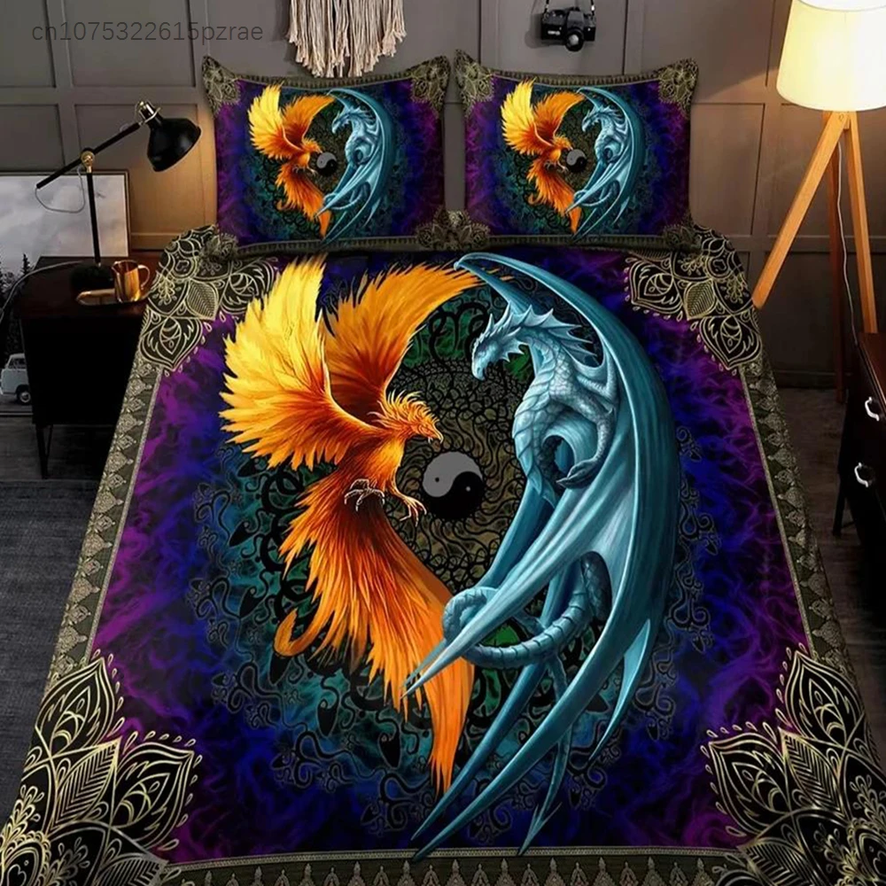 Dragon And Phoenix Duvet Cover Set Queen King Size Fantasy World Monster Bedding Sets Mens Boys And Teenagers Comforter Covers