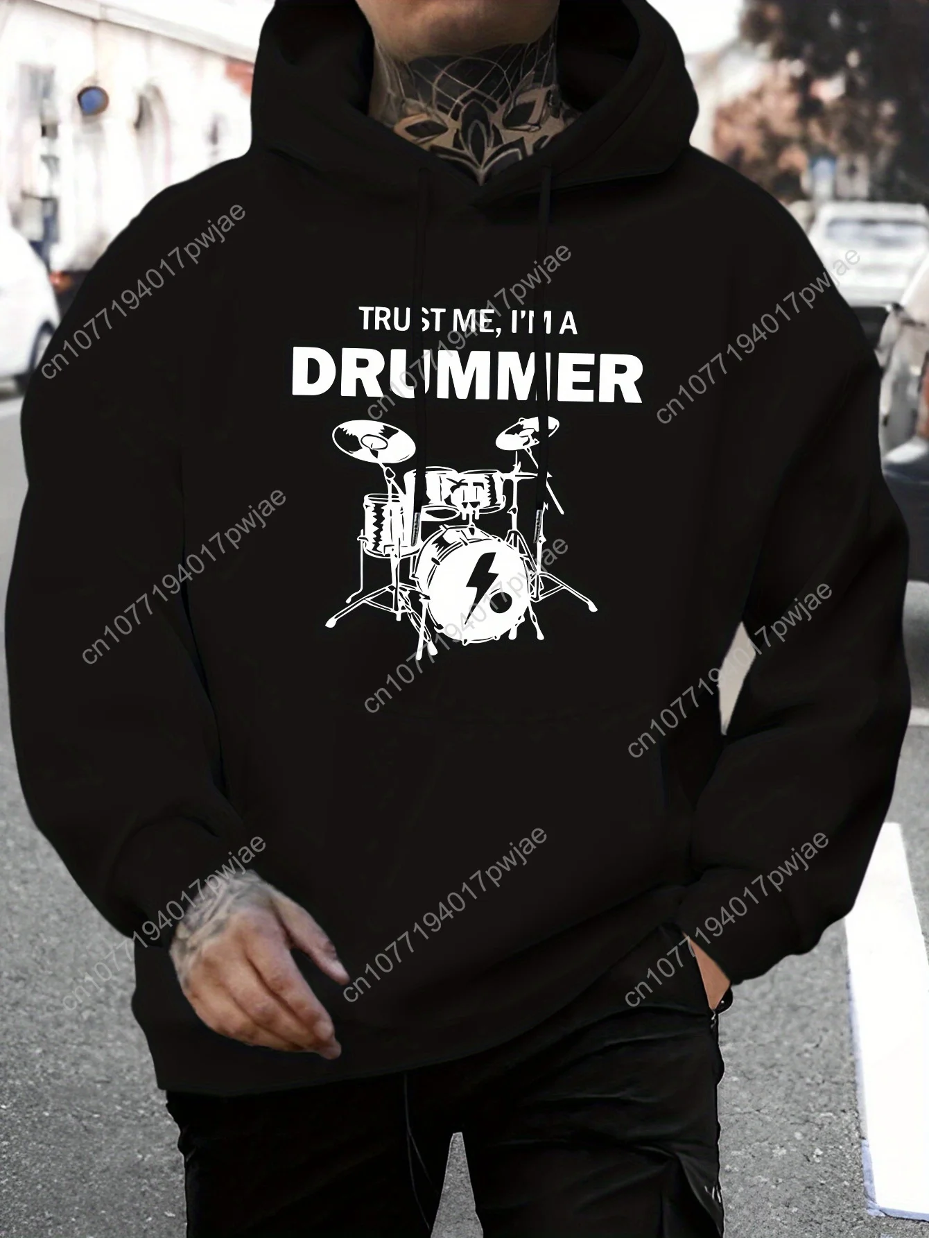 [Felpa con cappuccio grafica da uomo] Felpa con cappuccio grafica casual "Trust Me, I'm a Drummer" da uomo - Comodo pullover a maniche lunghe con coulisse,