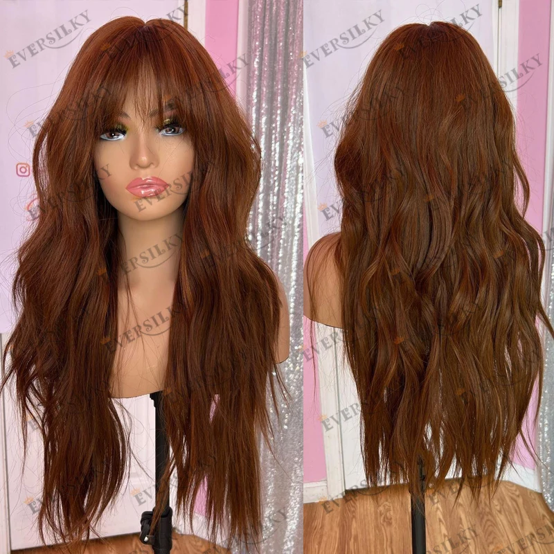 100% Remy Human Hair Copper Brown Long Wavy Soft Black Women Wigs Natural Fringe Curtain Bangs Pre Plucked 13x6 Lace Front Wigs