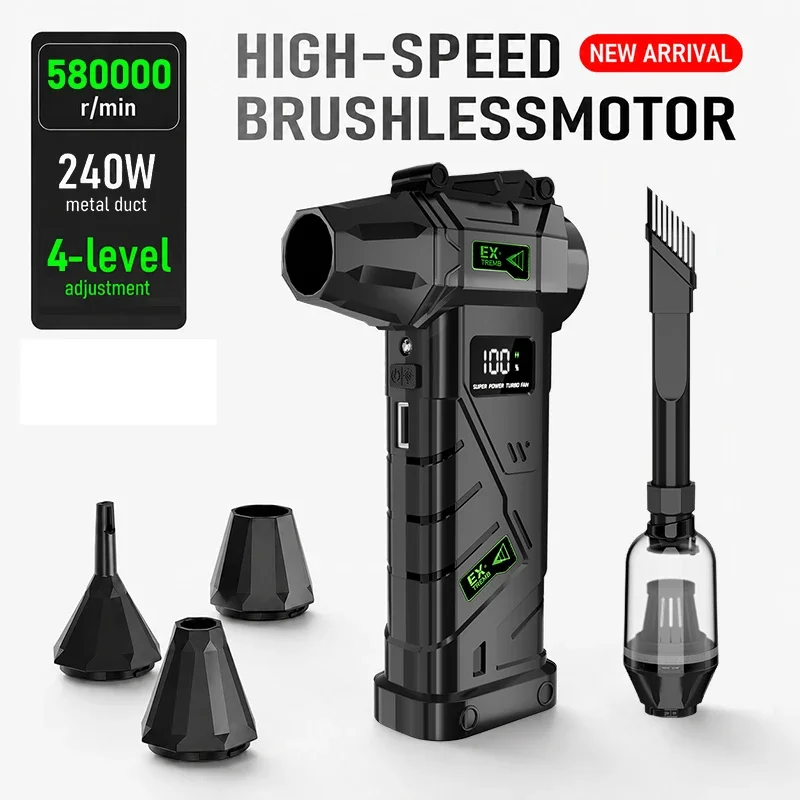 Ventilador Poderoso de 580000 RPM, Motor Sem Escovas de Alta Velocidade, Soprador de Ar, Aspirador Sem Fio, Soprador de Neve Elétrico com Iluminação LED
