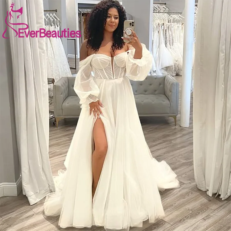 

Vestido De Noiva Off Shoulder Wedding Dresses Plus Size Bride Dress for Woman Side Slit Robe De Mariée Beach Wedding Gowns