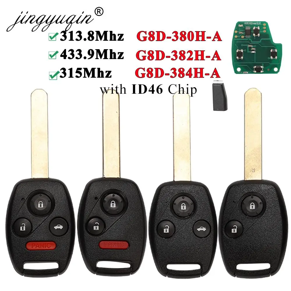 

jingyuqin 313.8/315/433.92Mhz ID46 Remote Key for Honda Accord Element CRV HRV City Odyssey Civic Car G8D-382H-A G8D384H-A /380H