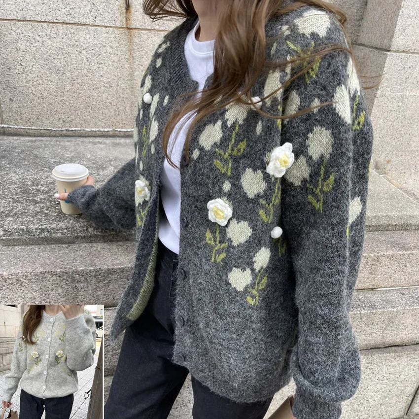 

Autumn Winter New Flower Print Elegant Wool Knitted Sweater Women Fashion O-Neck Single Bresated Long Sleeve Loose Cardigan Tops
