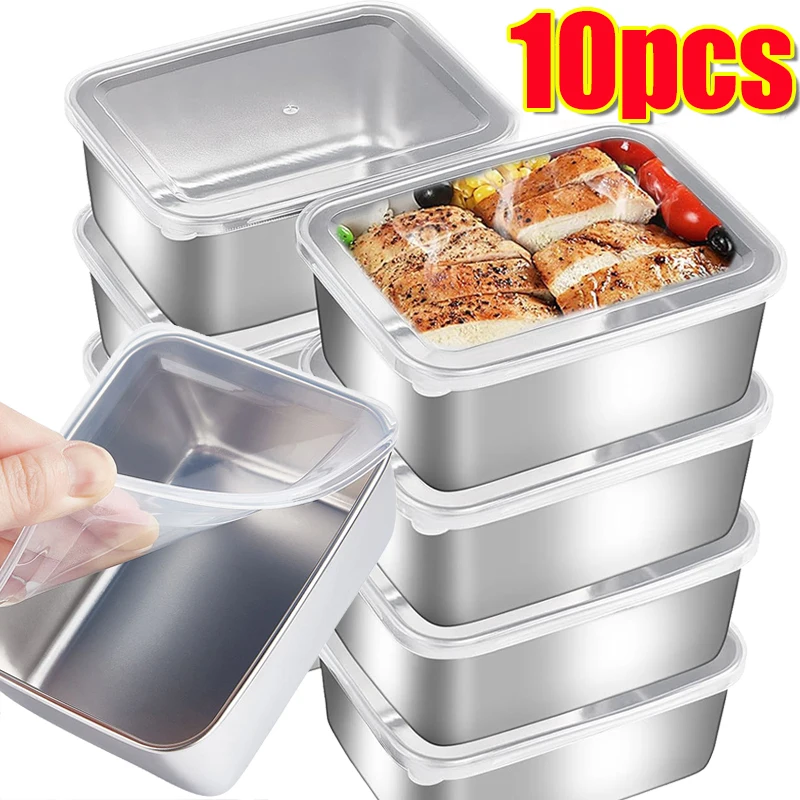 Contenedor de acero inoxidable para conservar alimentos frescos, caja de embalaje para refrigerador con tapa para pícnic al aire libre, suministros de almacenamiento para cocina