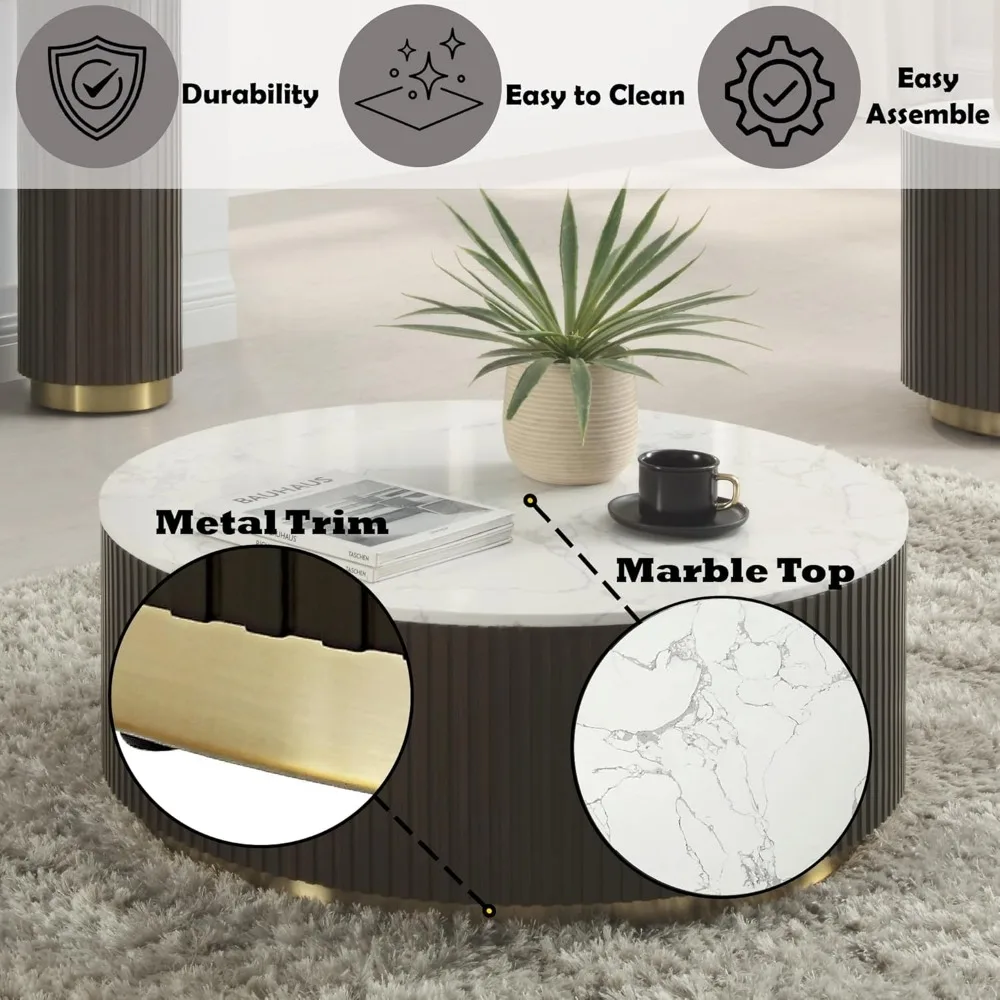 Round Nesting Coffee Table with Faux Marble Top and Decorative Side Table for Apartment Living Room, No Assembly Required