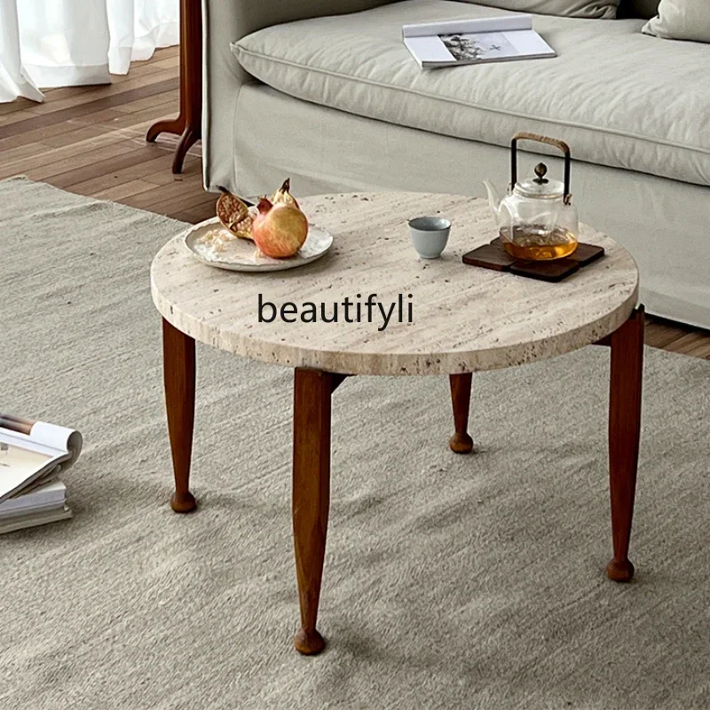 

FG44Turkey Cave Stone Natural Marble Solid Wood Living Room Simple Small Apartment Stone round Coffee Table