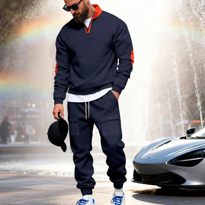 

Cross-border winter new men's heavy-duty velvet loose stand-up collar casual sweater tooling sweatpants set