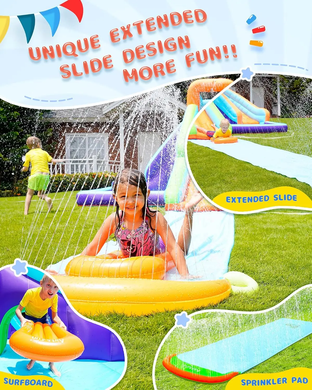 Kids Bounce House with Blower, Extended Water Slip Waterslide, Bouncy House Water Park, Dual Slide