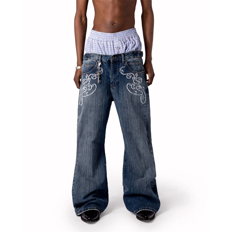 Jean Bootcut Y2K Bleu Délavé Vintage Brodé Homme Femme Pantalon Harajuku High Street Streetwear Unisexe Décontracté