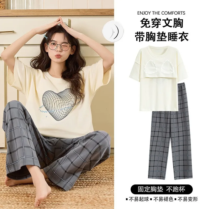 

Летний хлопковый пижамный комплект для женщин с подкладками на груди: топ с коротким рукавом и длинные брюки. Повседневная ночная одежда для девушек.