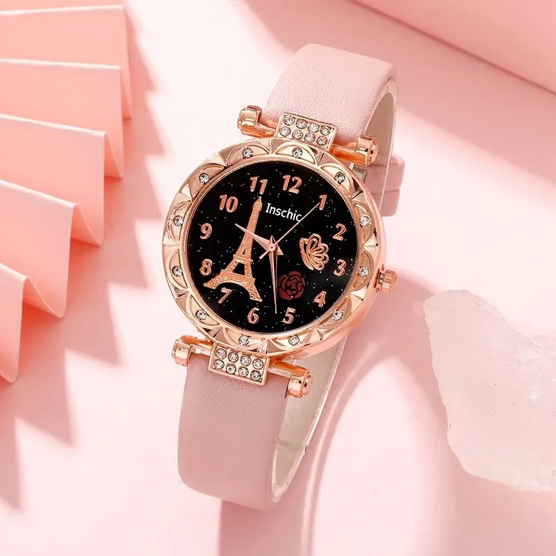 Fashion Women Watches Round Flower Watch Exquisite PU Leather Strap Quartz Wrist Watch Simple Casual Dress Bracelet Clock Gift