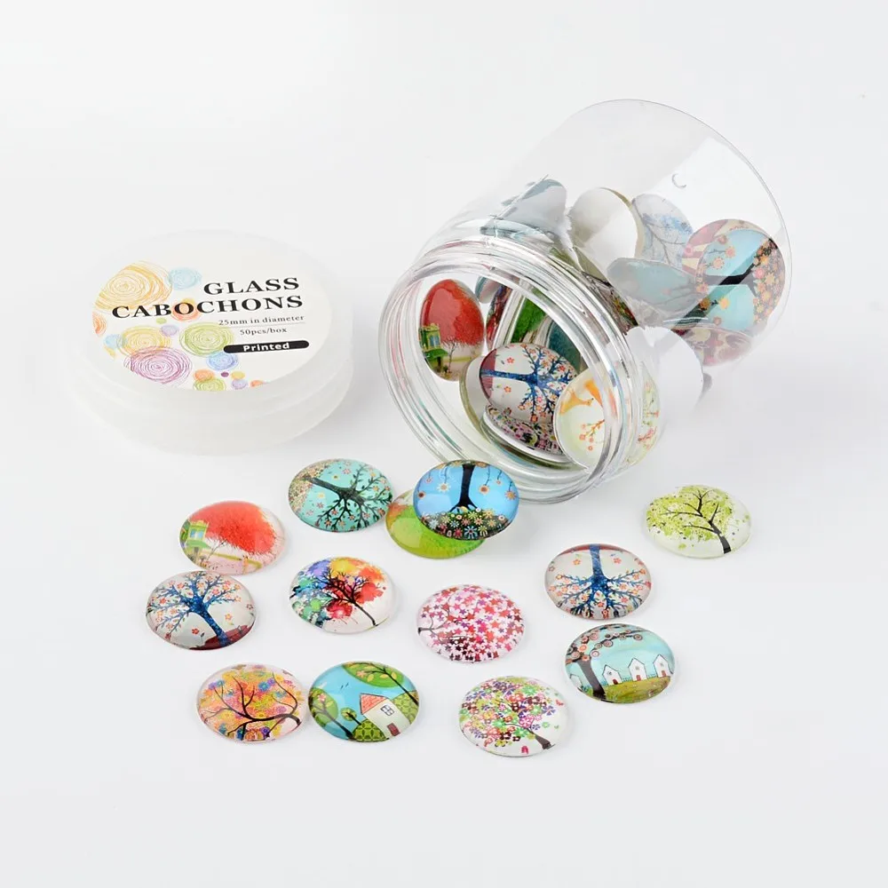 Glass Cabochons Tree of Life Printed Half Round/Dome Mixed Color 25x7mm 50pcs/box