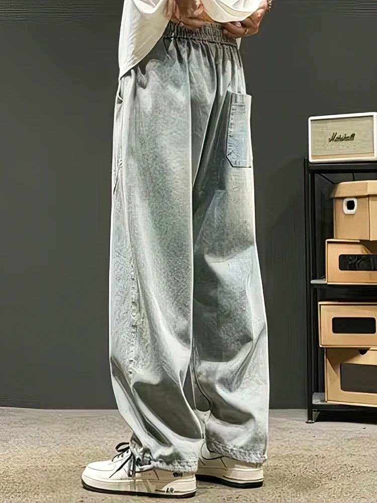 قابل للتعديل فضفاض البضائع الجينز السراويل الرجال عارضة الرياضة واسعة الساق كبيرة الحجم الركض سراويل جينز المرقعة في الهواء الطلق Sweatpants #3