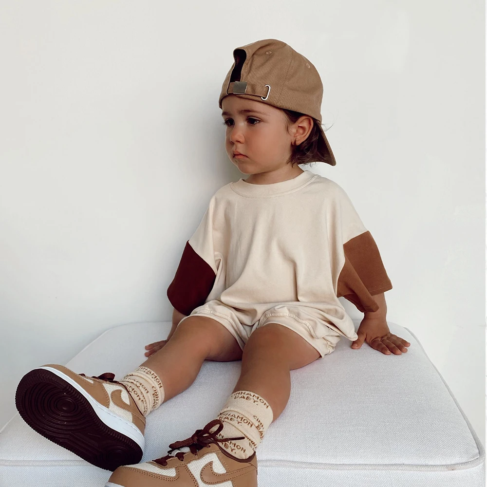 Solid Color Stitching Short Sleeve Top+Shorts Sets Summer Baby Boy Girl Outfits Children Tshirts Pants Suit Cotton Baby Clothes