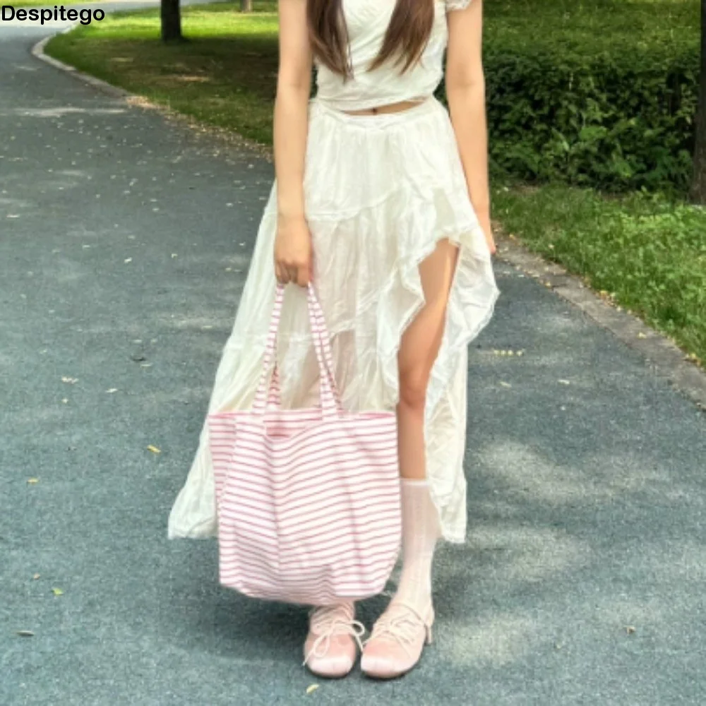 Y2K Large Capacity Canvas Tote Bag Thin Thick Striped Lightweight Shoulder Bag Reversible Pink Handbag Commute