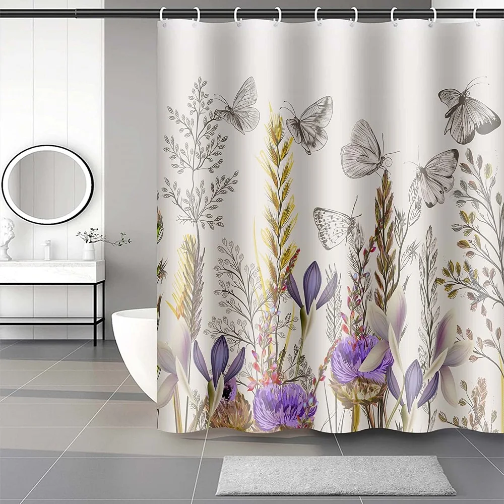 

Butterfly Purple Floral Shower Curtain Sky Clouds White Yellow Daisy Flower Bath Curtains Bathroom Deco Waterproof Cloth Screens