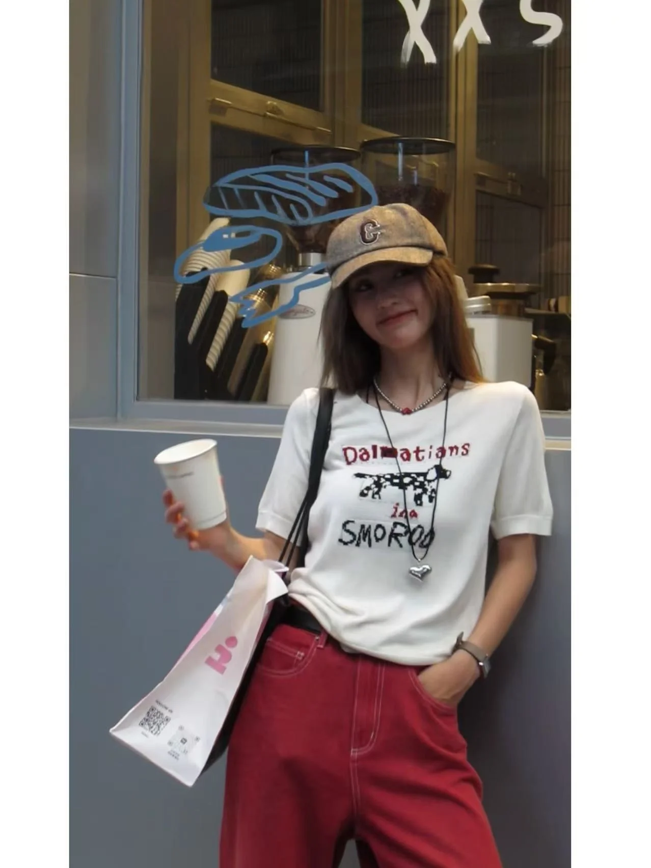 

Zhou tong Women's T-irt round Ne ort Sve Knitted Embroidery Fun Spot Dog Design Early Autumn New Sle Top