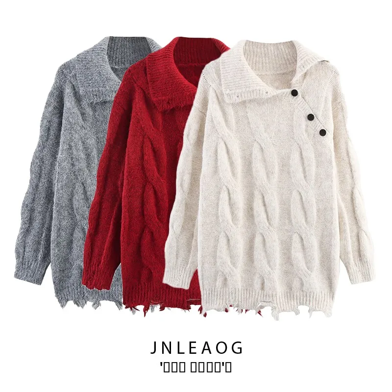

JNLEAOG Autumn New Sle Women's Knitted Sweater Vintage Frayed Twist Head over Knitwear Street Sle Loose Fit Long Sve