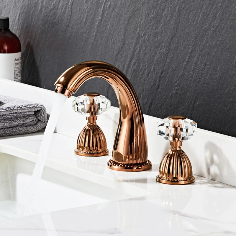 

Basin Mixer Faucets Rose Gold Brass Bathroom Sink Faucet 3 Holes Double Crystal Handle Hot and Cold Water Bathroom Bathtub Taps