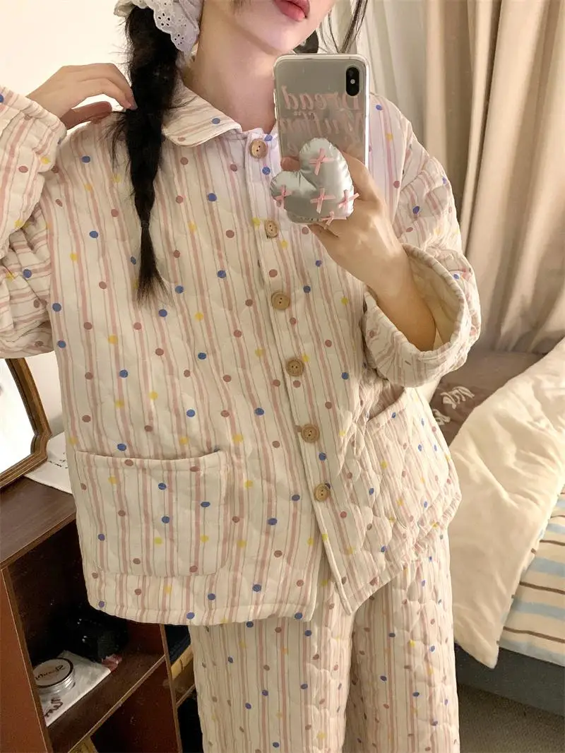 طقم ملابس منزلية نسائية من القطن السميك، ملابس منزلية غير رسمية دافئة للشتاء، طقم من قطعتين للطالبات، طباعة خريفية بأكمام طويلة