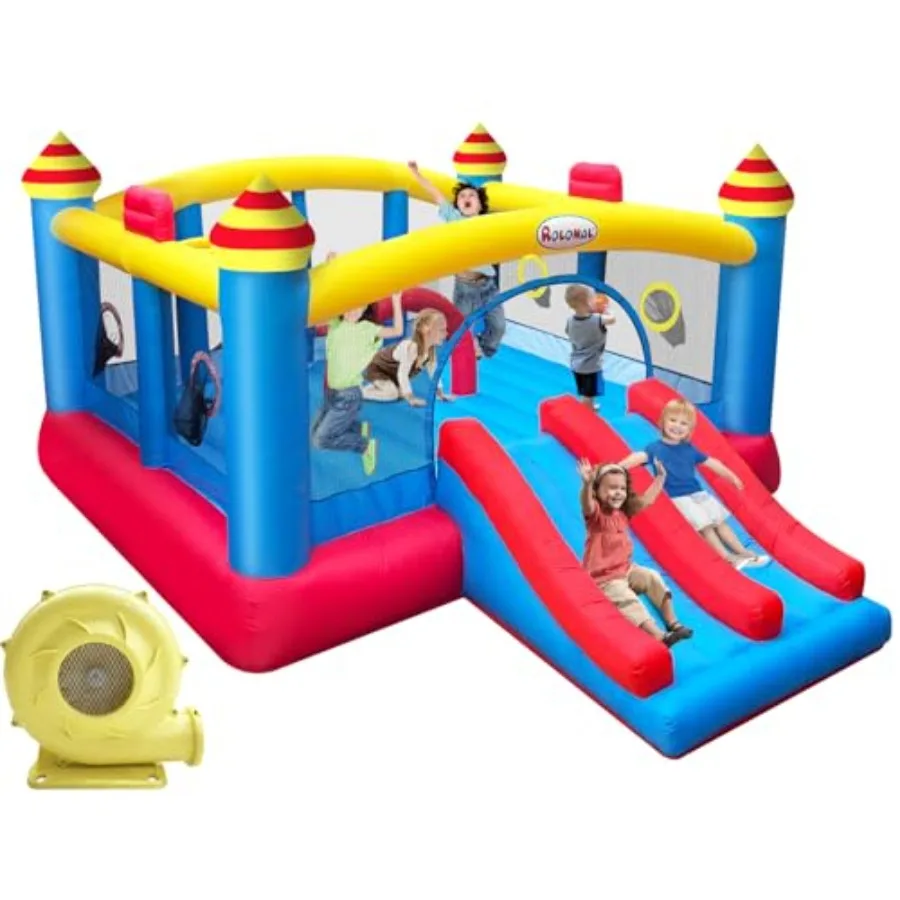 

Big Inflatable Bounce House for Party18.7ft x 13ft Double Slide Double Basketball Hoop Fun Central Obstacle Throw Ball Game Rnf