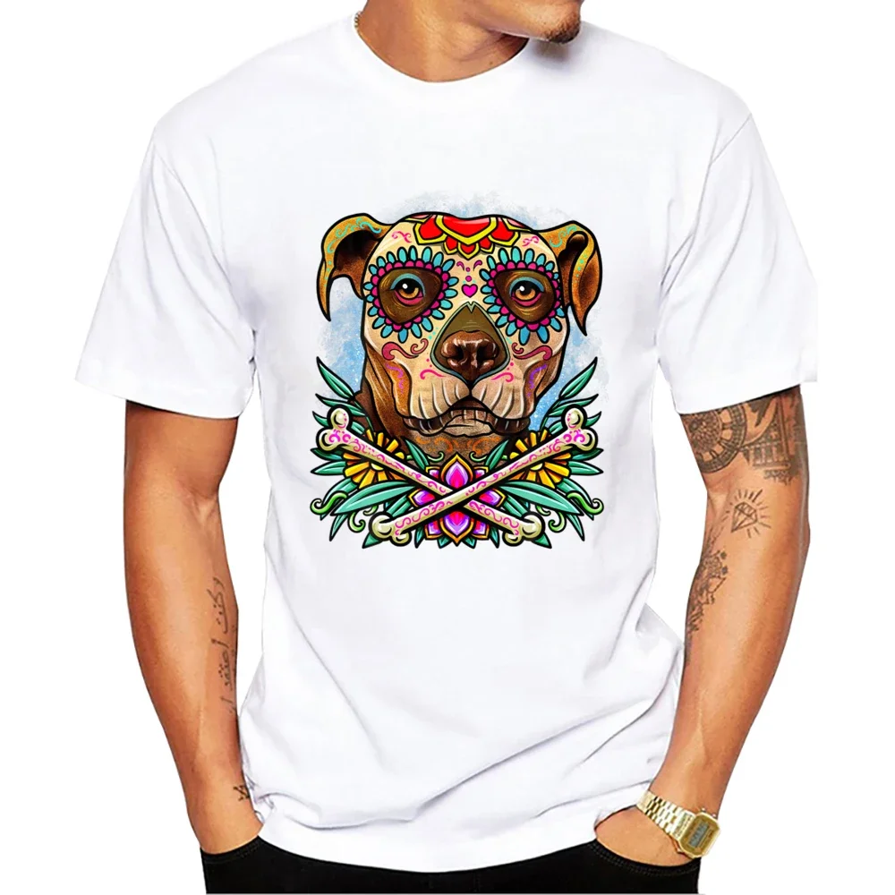 kollu gün ölü erkek rahat erkekler giyim Vintage Streetwear şeker kafatası Pitbull köpek baskı erkek tişört TEEHUB kısa