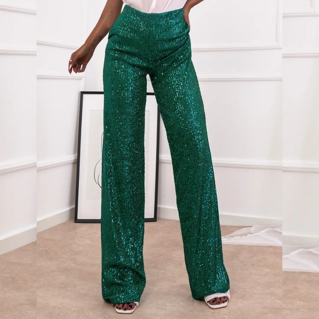 

Streetwear 2023 Pink Silver Sequin Pants for Women Elegant Shiny Party Full Pant Office Lady Casual Loose Straight Trousers