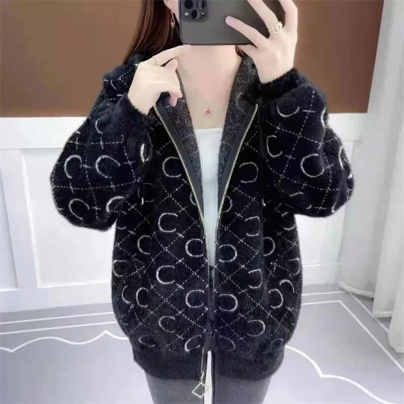 

Mink-Like Fur Coat Women's Autumn Winter 2023 New Fashion Jacket Joker Loose Hooded Outerwear Zipper Knit Cardigan Blouse Female