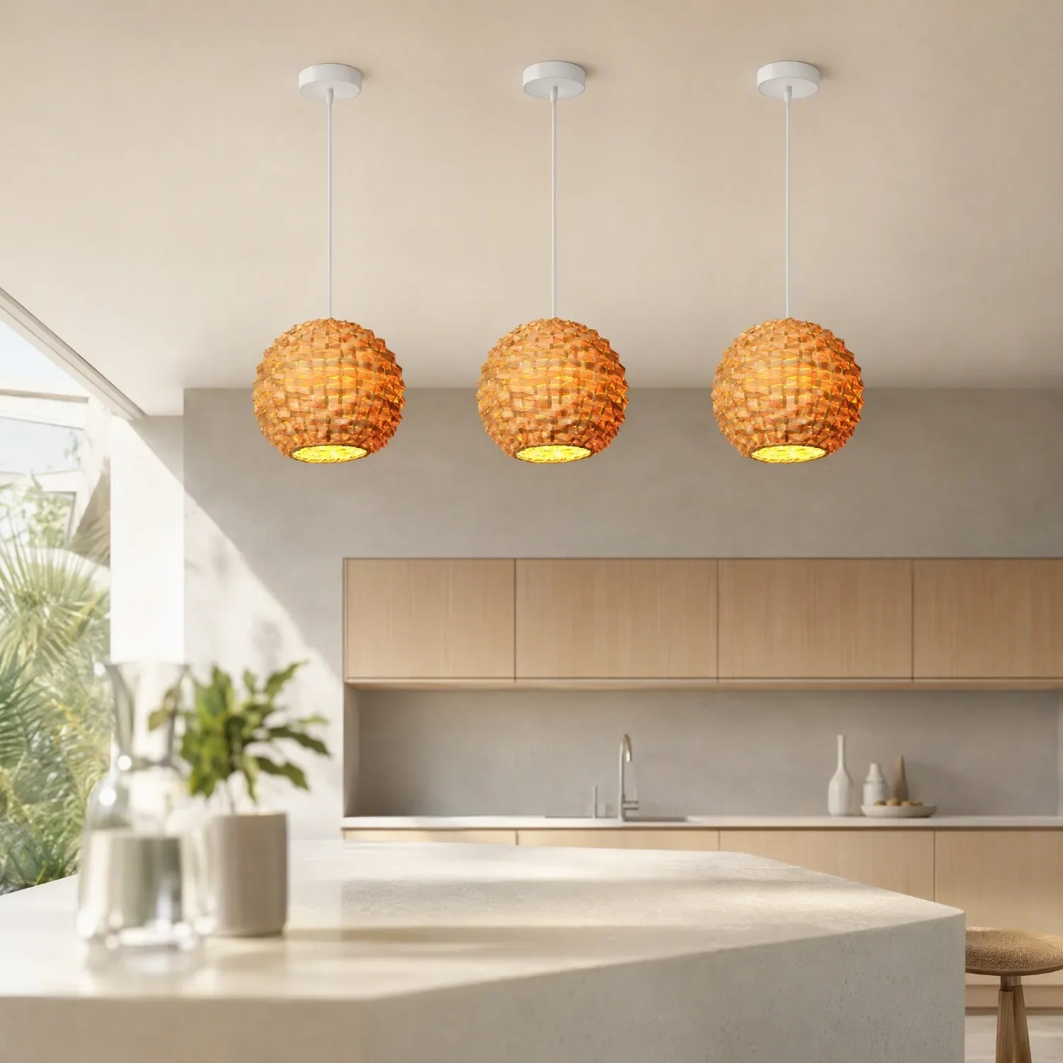 JOYINLED Boho Rattan Bamboo Natural Pendant Light Dia 30CM E27/E26 for Hotel Lobby, Studio, Island Counter, Coffee Shop, Library