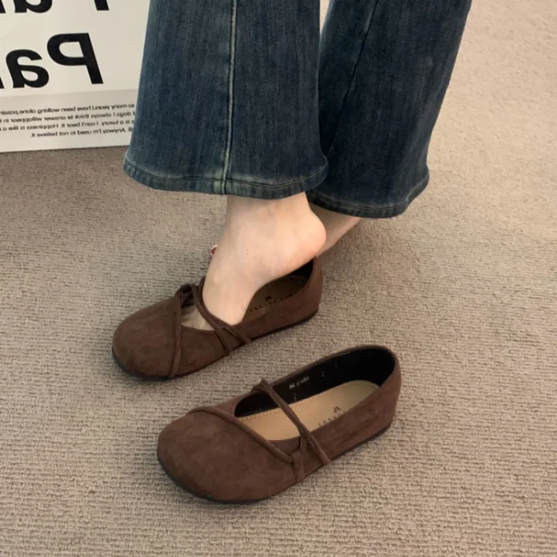 Women Deep Brown Flat Soled Boken Shoes Round Shallow Mouth Single Shoes 2024 Autumn Elegant Ballet Style Grandma Shoes